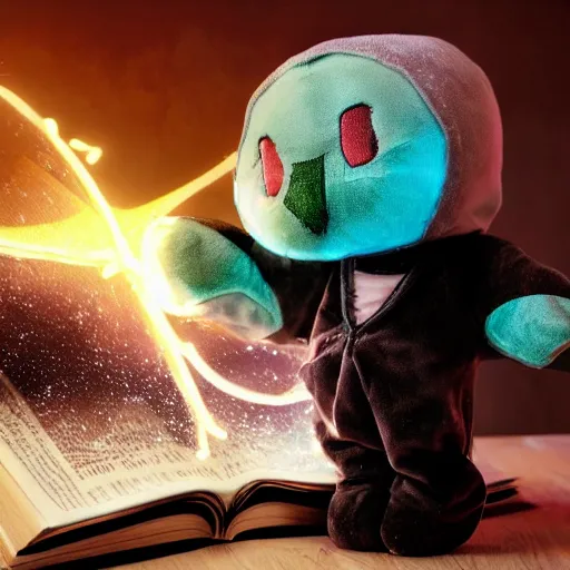 Image similar to cute fumo plush of a boy holding a large book of forbidden spellcasting, particle simulation, eerie glow, black and white with green lighting,