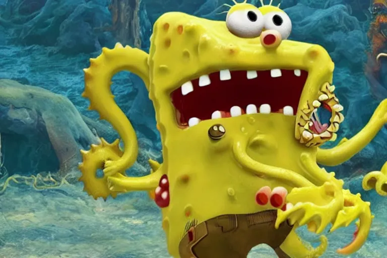 Prompt: Spongebob Cthulhu chimera with fangs eating a fish, photorealistic still from action movie