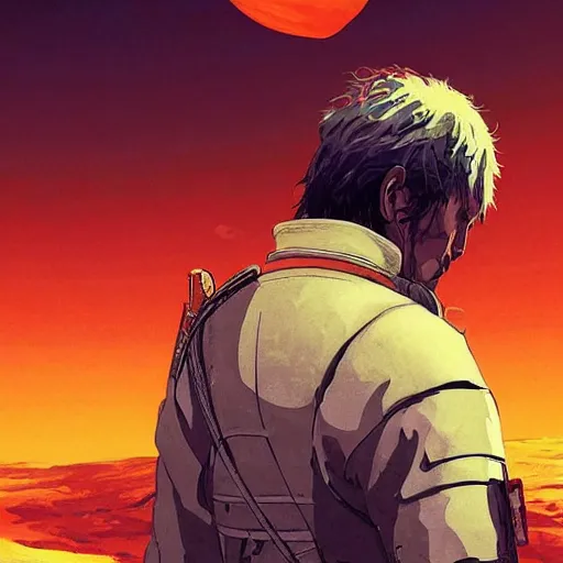 Prompt: Thomas Jane, an illustration of a worn out samurai that got time travelled to a futuristic colonized Mars, art by Ilya Kuvshinov, wallpaper, highly detailed, anime key visual, warm colors, epic landscape, HD digital art, artstation