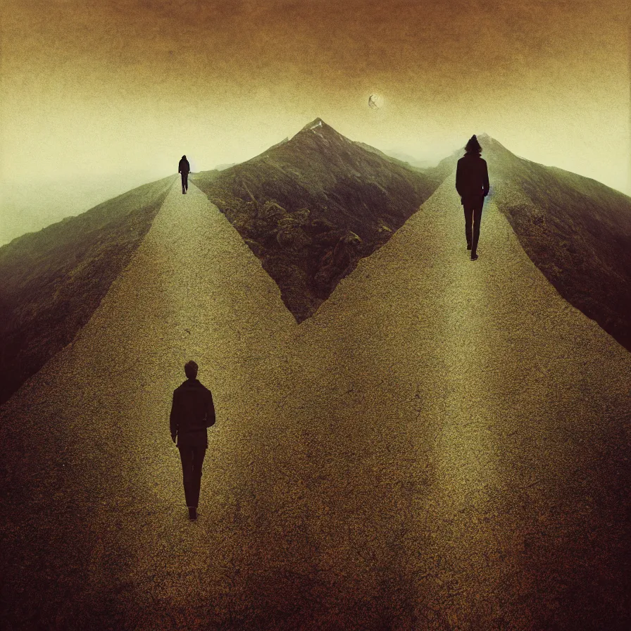 Prompt: metaphysical symbolism artwork of the atmospheric indie album titled :'walking down the mountain road towards the infinite horizon '.
