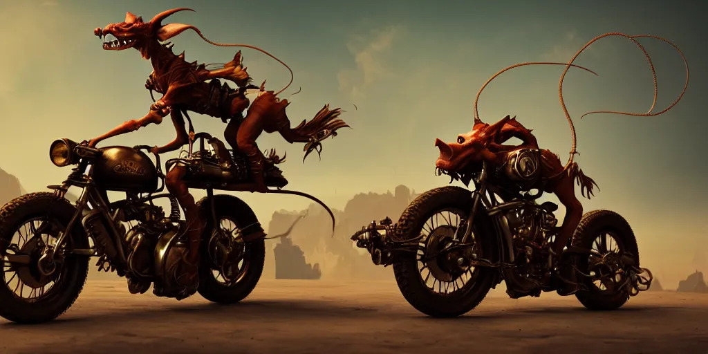 Image similar to a goblin riding a steampunk motorcycle, volumetric light, hyperdetailed, artstation, cgsociety, 8k