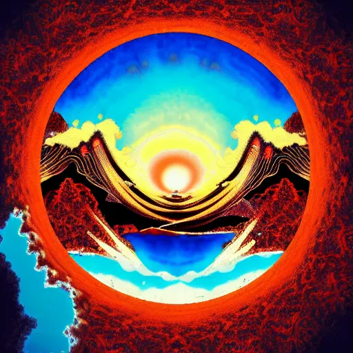 Image similar to volcanic eruption in the style of kanagawa, mandala, fractal, infinity