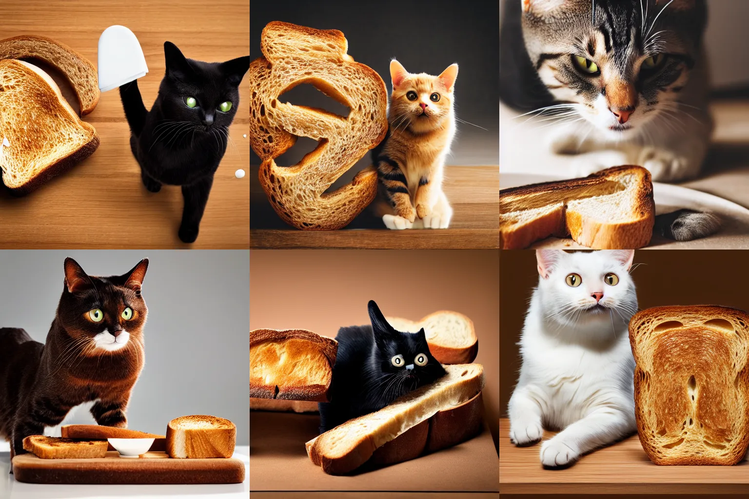 Prompt: A cat with toast popping up from its back. High quality product photography.