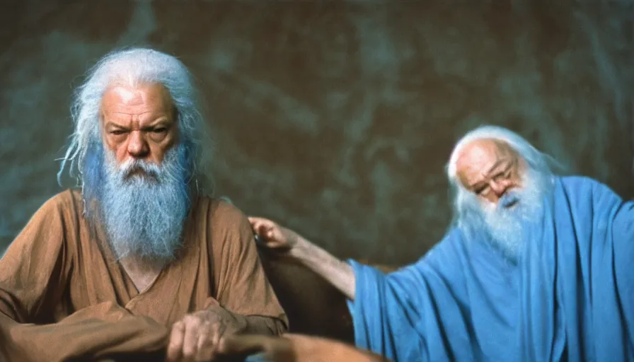 Prompt: 1 9 7 0 s movie still by tarkovsky of elder socrates in blue drapery in a blue barque, cinestill 8 0 0 t 3 5 mm, high quality, heavy grain, high detail, panoramic, ultra wide lens, cinematic composition, dramatic light, anamorphic, dof, piranesi style