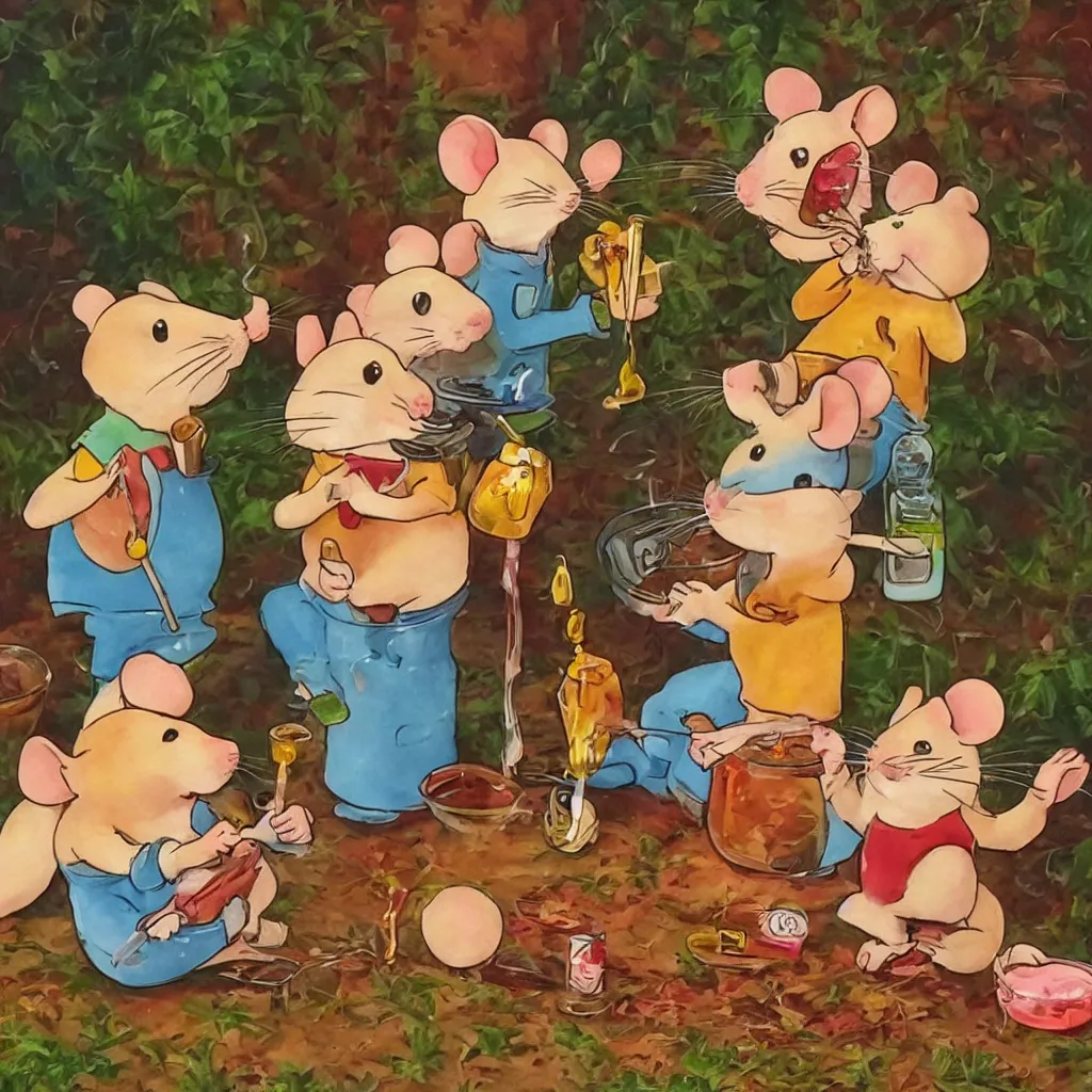 Image similar to happy mice smoking a bong and eating candy, golden hour, ultra realistic