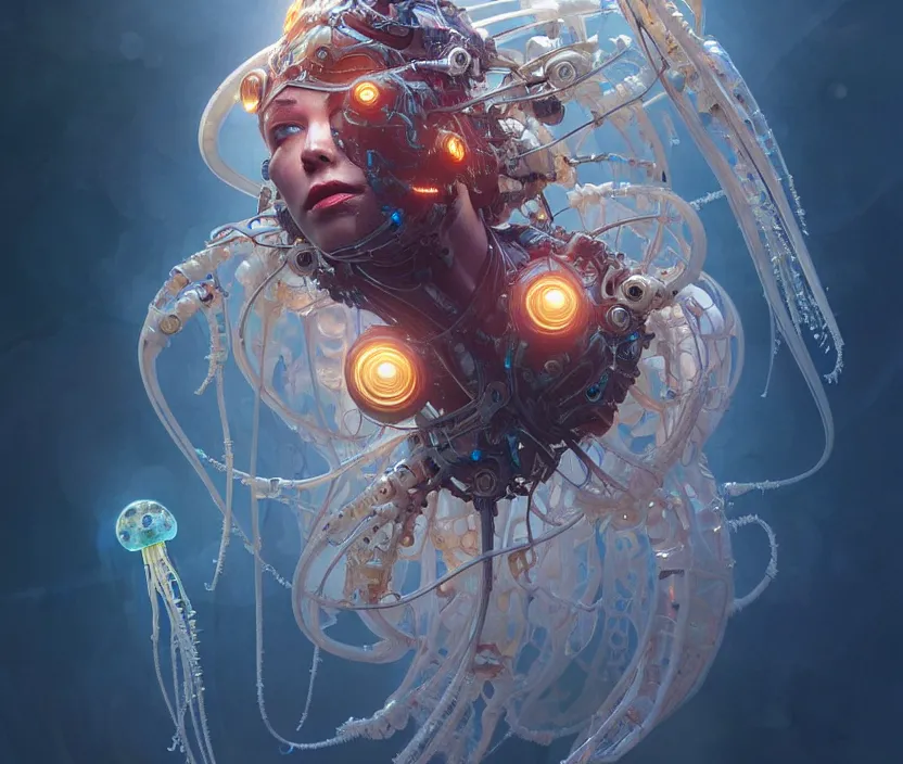 Image similar to Cyborg biomechanical jellyfish, sci-fi, highly detailed, digital painting, artstation, concept art, smooth, sharp focus, illustration, art by artgerm and greg rutkowski and alphonse mucha