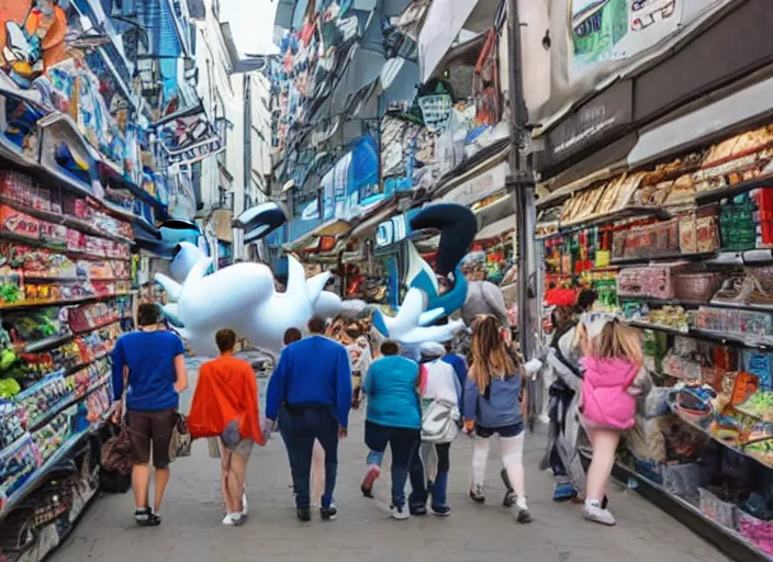 Prompt: pokemon lugia walking among people in opendoor market, rutkowski, gurney