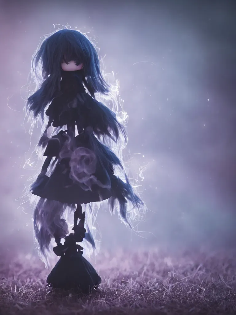 Prompt: cute fumo plush of a gothic maiden girl who is composed of shadows, penumbral shadowcreature, wisps of volumetric vortices of glowing smoke surrounding, long dark tattered umbra, long thick grass, bokeh macro lens, vray