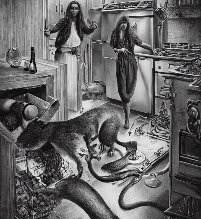 Image similar to black and white photo of a beauty woman puts a big rat in the oven 90s by Laurie Lipton, high detailed, realistic,dark surrealism, hyper detailed