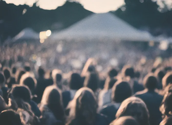 Prompt: a 2 8 mm macro photo from the back of a crowd at a rock concert festival in silhouette in the 1 9 7 0 s, bokeh, canon 5 0 mm, cinematic lighting, dramatic, film, photography, golden hour, depth of field, award - winning, 3 5 mm film grain