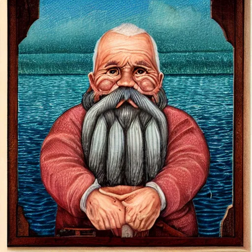 Prompt: old man with a beard full of fish, harbour background, lowbrow surrealistic, in the style of mark ryden,