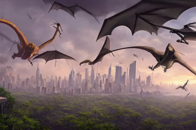 Prompt: an epic view of manhattan covered in a jurassic jungle, vines, pterosaurs flying, close - up, low angle, wide angle, atmospheric, cinematic, highly detailed digital art, painted by tyler edlin