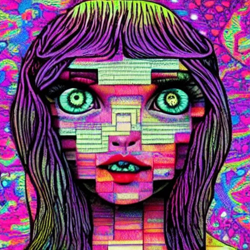 Prompt: beautiful pale brunette with giant dreamy eyes. Lsd blotter art.