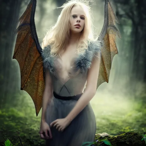 Image similar to very pretty blond dragon girl with huge dragon wings in a dark forest, perfect symmetrical face, shallow depth of field, moody lighting, single point of light, 8 k, ultra realistic, in the style of martina fackova,