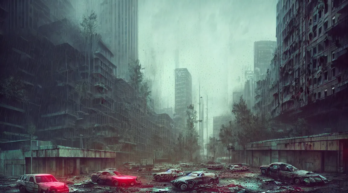 Image similar to post apocalyptic city building, raining, building, avenue, modern contemporary urban americana concrete architecture, by pascal blanche, neil blevins, apocalyptic color palette, trending on artstation, photorealistic, neon ambiance, ultra detailed, high definition, depth of field, bokeh, rubble, wild vegetation, blood stains, building crumbling, post - apocalyptic warriors