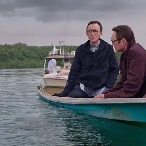 Image similar to john lock and ben linus sitting on a boat