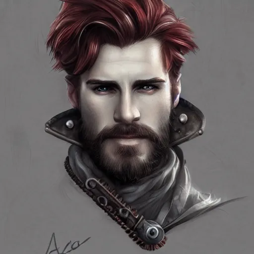 Image similar to rugged ship captain, male, handsome, flowing red hair, fantasy, detailed face, ruggedly handsome, intricate, elegant, highly detailed, piercing eyes, steampunk, digital painting, artstation, concept art, character art, smooth, sharp focus, illustration, art by artgerm