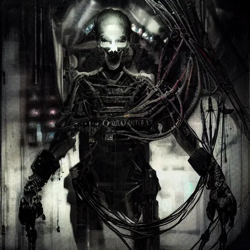 Image similar to in a dark room, a cybergoth hacker, skulls, wires cybernetic implants, machine noir grimcore, in the style of emil melmoth zdzislaw belsinki craig mullins yoji shinkawa realistic render ominous _ detailed photo atmospheric