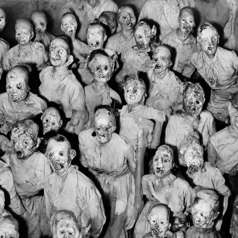 Prompt: group of deformed irradiated people with acute radiation sickness flaking, melting, rotting skin wearing 1950s clothing in a 1950s nuclear wasteland. Group is living in a nuclear reactor. Photo is black and white award winning photo highly detailed, highly in focus, highly life-like, facial closeup taken on Arriflex 35 II, by stanley kubrick