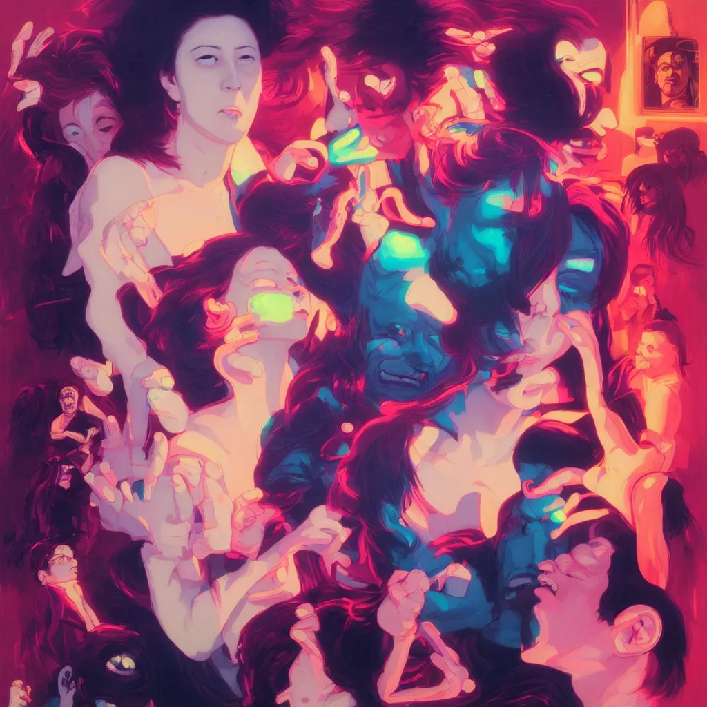 Image similar to happy and disturbing portrait of todd solondz punching a woman, smiling, vivid colors, neon, art by ( ( ( kuvshinov ilya ) ) ) and wayne barlowe and francis bacon and artgerm and wlop and william - adolphe bouguereau