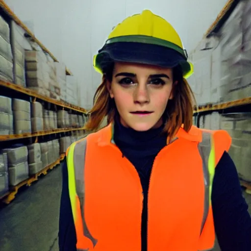 Prompt: photo, close up, emma watson in a hi vis vest, in warehouse, 2 0 0 8 android cameraphone, instagram photo, 2 6 mm,