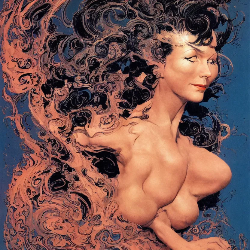 Image similar to portrait of a woman with swirling hair and fractal skin by frank frazetta, retrofuturism, psychedelic art reimagined by industrial light and magic