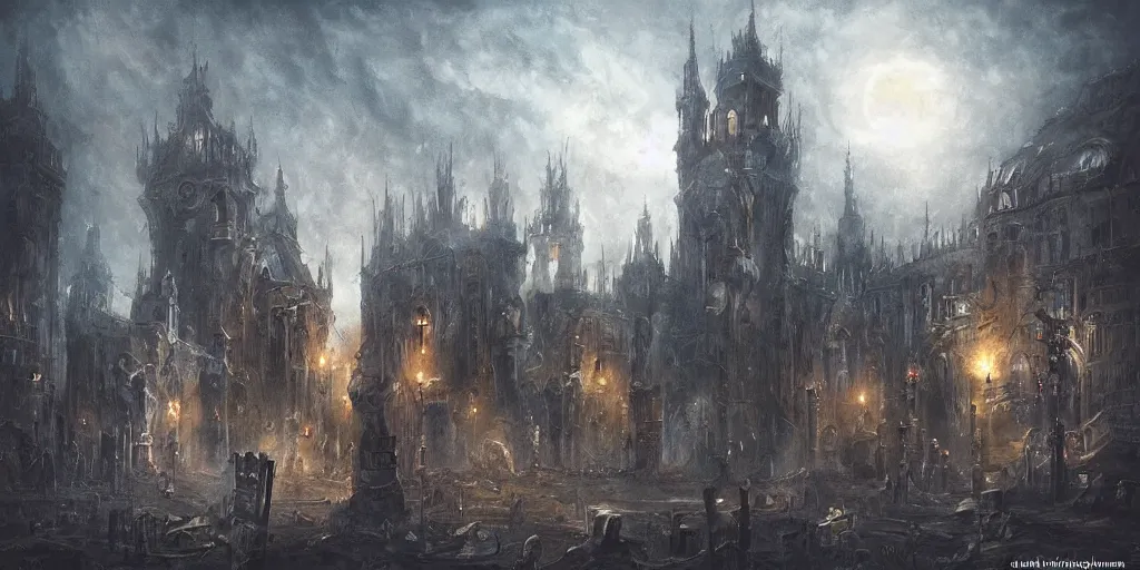 Prompt: European city where eternal night reigns and in the middle stands a giant concrete cube without any windows, painting, dark fantasy art, creepy