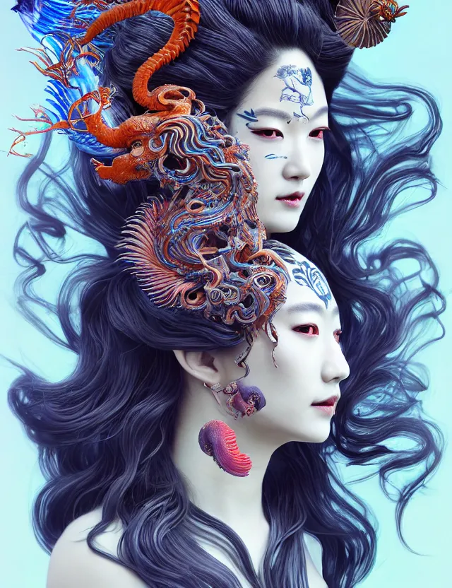 Prompt: 3 d slvic goddess half - turn portrait with long hair with ram skull. beautiful intricately detailed japanese crow kitsune mask and clasical japanese kimono. betta fish, jellyfish phoenix, bio luminescent, plasma, ice, water, wind, creature, artwork by tooth wu and wlop and beeple and greg rutkowski