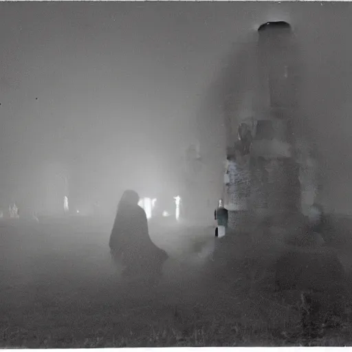 Image similar to a woman soul looking at his grave, night, fog, 1 9 0 0's photo