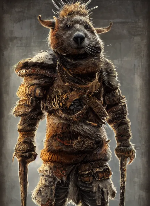 Image similar to detailed full body concept art illustration, plague style oil painting on canvas of an anthropomorphic capybara barbarian in full intricate clothing, biomutant, dystopian plague, micro detail, octane render, 4K