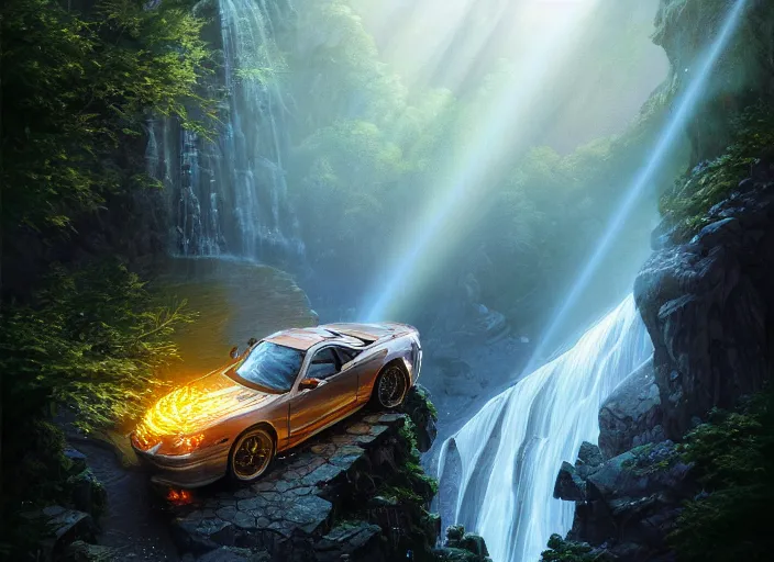 Prompt: detailed intricate digital illustration by greg rutkowski and artgerm and wlop and sanford robinson gifford ; 2 0 0 4 vehicle, glowing headlights, shimmering waterfall in background ; 1 3 mm film, close up head on arri alfa anamorphic lens ; sharp focus, bright morning lighting with shimmering highlights and rays of light, trending on artstation 4 k