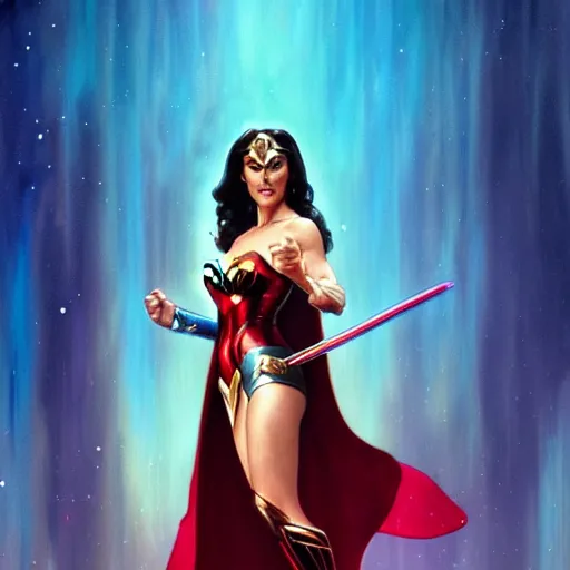 Prompt: a young lynda carter as wonder woman, volumetric lights, red and cyan theme, art nouveau botanicals, intricate, highly detailed, digital painting, artstation, concept art, smooth, sharp focus, cinematic, illustration, beautiful face, art by artgerm and greg rutkowski and alphonse mucha