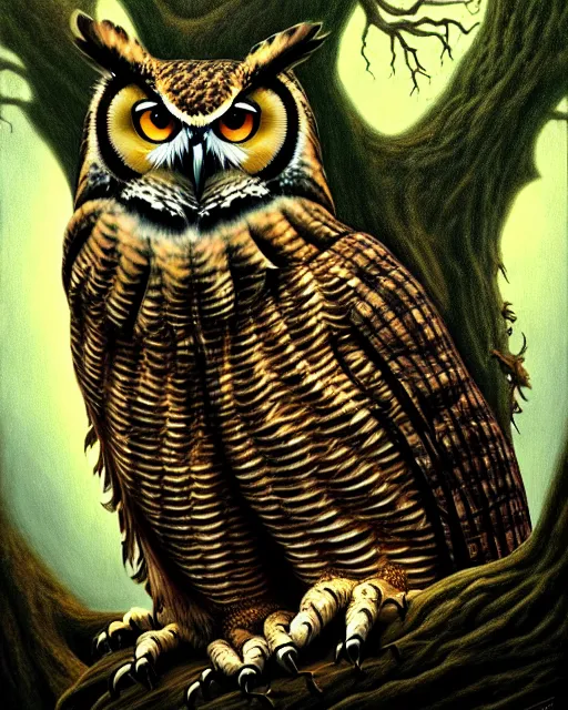 Image similar to an extremely detailed masterpiece surreal painting of a great horned owl in a tree, in the style of brian froud, brian despain, brian bolland, digital art, unreal engine, volumetric lighting, dark moody lighting, trending on artstation, photorealistic, epic scene