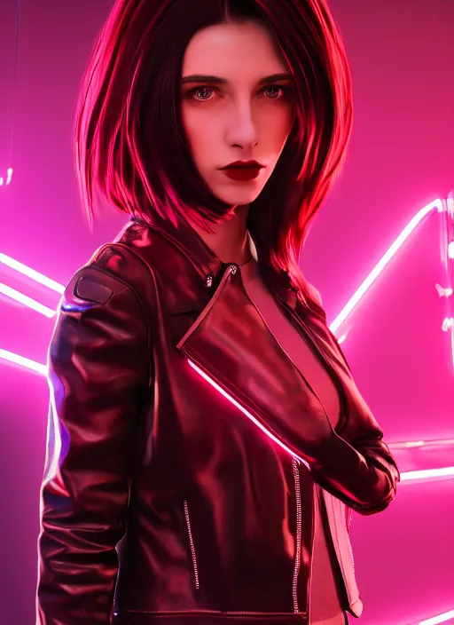 Image similar to pretty young woman with shoulder length shiny shimmering dark red hair and wearing a stuffed leather jacket with neon, path traced, highly detailed, high quality, digital painting, by cd projekt red, cyberpunk,