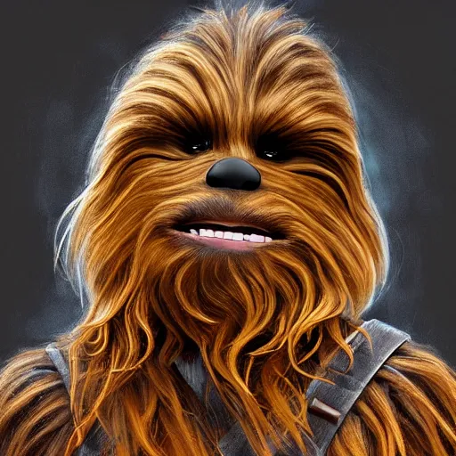 Image similar to chewbacca sitting at the hair stylist, painting, 8k, artstation, cinematic, hyperrealistic, extreme details