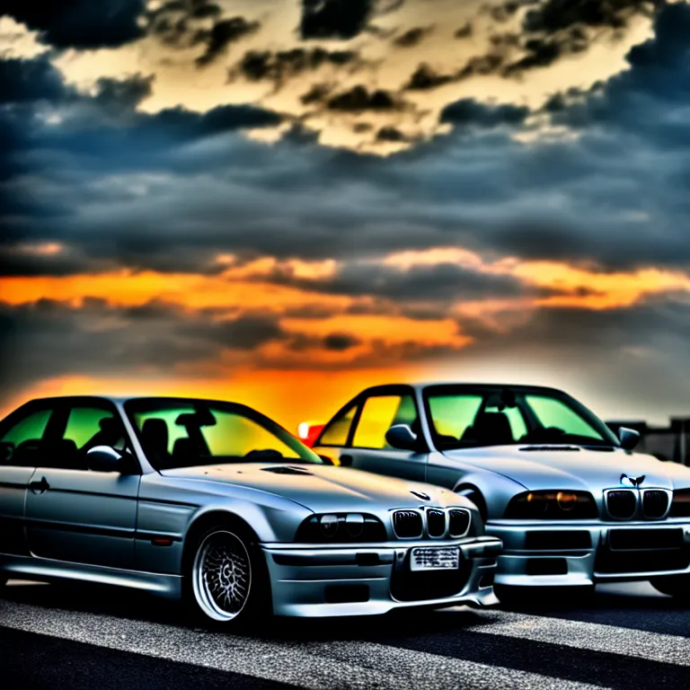 Image similar to close-up-photo BMW E36M middle of street, sunset kanagawa prefecture, night, cinematic color, photorealistic, highly detailed,