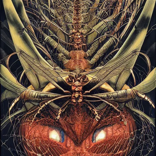 Image similar to portrait of crazy insects as vampire, symmetrical, by yoichi hatakenaka, masamune shirow, josan gonzales and dan mumford, ayami kojima, takato yamamoto, barclay shaw, karol bak, yukito kishiro