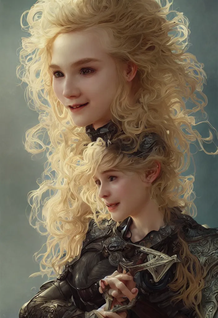 Prompt: portrait of a blonde vampire girl, child, freckles, smiling, messy curly hair, dark leather armor, sword, intricate and very beautiful and elegant, highly detailed, digital painting, artstation, concept art, smooth and sharp focus, cg by tian zi and wlop and alphonse mucha