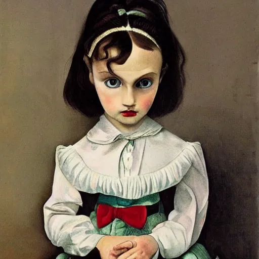 Image similar to little creepy girl wearing an gucci's outfit. art made by artgem, inspired by balthus, highly detailed, realistic, victorian style