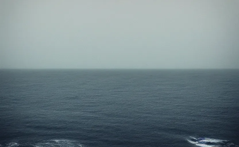 Prompt: “Foggy, dark blue Atlantic Ocean, menacing, lonely expanse”