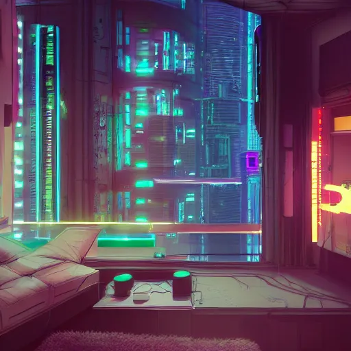 Image similar to the cyberpunk apartment, render, octane, 4k, highly detailed, vivid colors, high definition, by James Gilleard and Makoto Shinkai