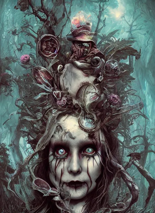 Image similar to Alice in Wonderland Mad Hatter Death Tarot card,highly detailed,half skull face,cinematic,8k,by Stanley Artgermm,Tom Bagshaw,Greg Rutkowski,Carne Griffiths, Ayami Kojima, Beksinski, Giger,trending on DeviantArt,hyper detailed,horror, full of colour