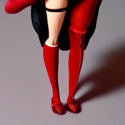 Image similar to anime barbie doll, in red velvet stockings, a nurse's dress, full length, heels on her feet