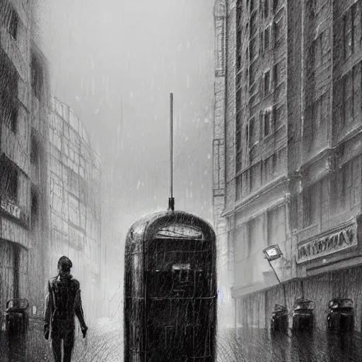 Prompt: close up of dystopian london raining with robots walking the streets, pencil sketch, realistic shaded, fine details, realistic shaded lighting poster by greg rutkowski