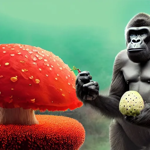 Prompt: gorilla holding an amanita muscaria made by beeple