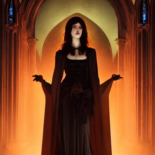 Image similar to mary elizabeth winstead as a vampire in a gothic cathedral at night, gloomy, horror photography by artgerm and alphonse mucha and ross tran and greg rutkowski.