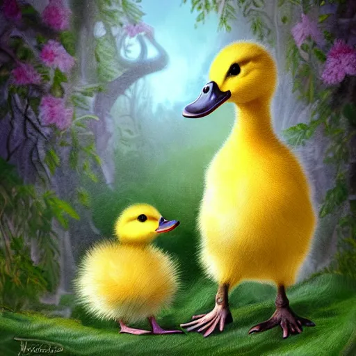 Prompt: two baby ducklings going on an adventure, fantasy, detailed digital art,