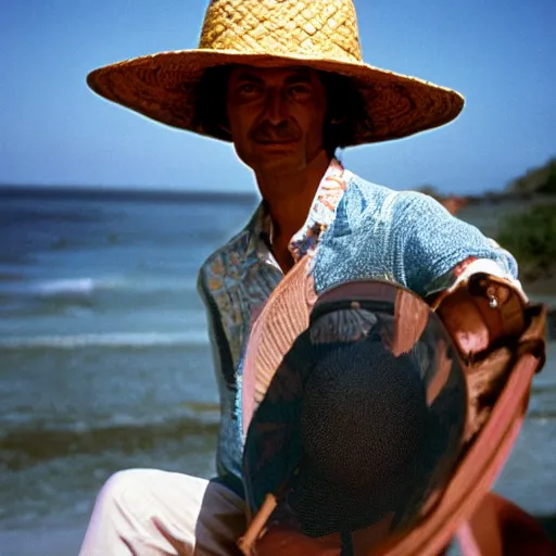 Image similar to A closeup film photography of an Alien wearing straw hat, photo bySlim Aarons, award winning, 4K