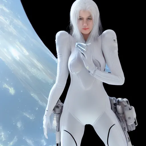 Image similar to beautiful white haired woman dressed in see through space suit in the style of zezhou chen artstation highly detailed, smooth, sharp focus