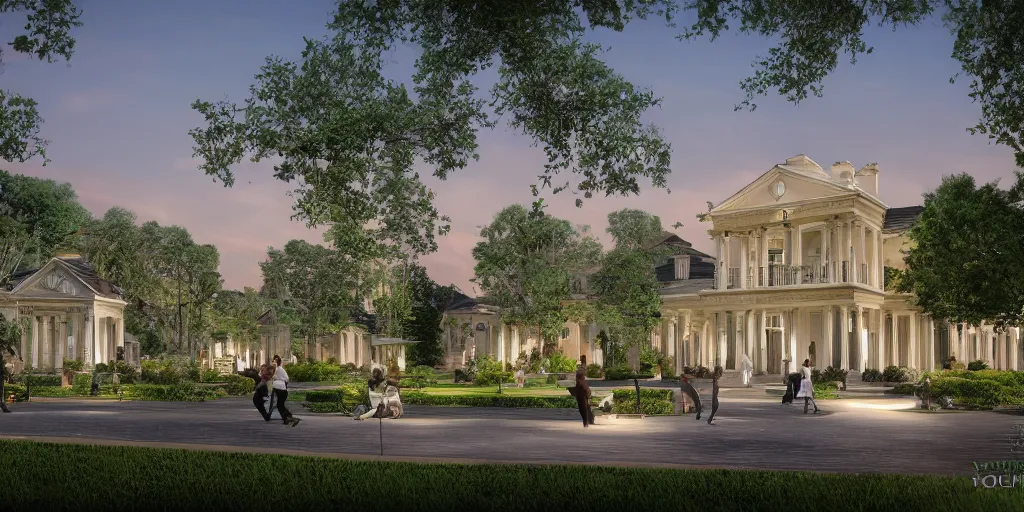 Prompt: 3d rendering of beautiful nature meets neoclassical architecture concept of a residential community by Des Ewing Architects, volumetric lighting,, luxury, high detail, 14mm, cinematic photography, cg architects, featured in Open House magazine, high resolution